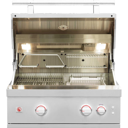 Summerset Quest 30" Grill in polished stainless steel with open hood, dual cooking grates, warming rack, and control knobs