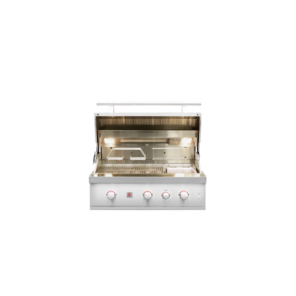 Summerset Quest 36" Grill in stainless steel with open hood, illuminated interior, cooking grates, and five front controls