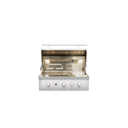 Summerset Quest 36" Grill in stainless steel with open hood, illuminated interior, cooking grates, and five front controls